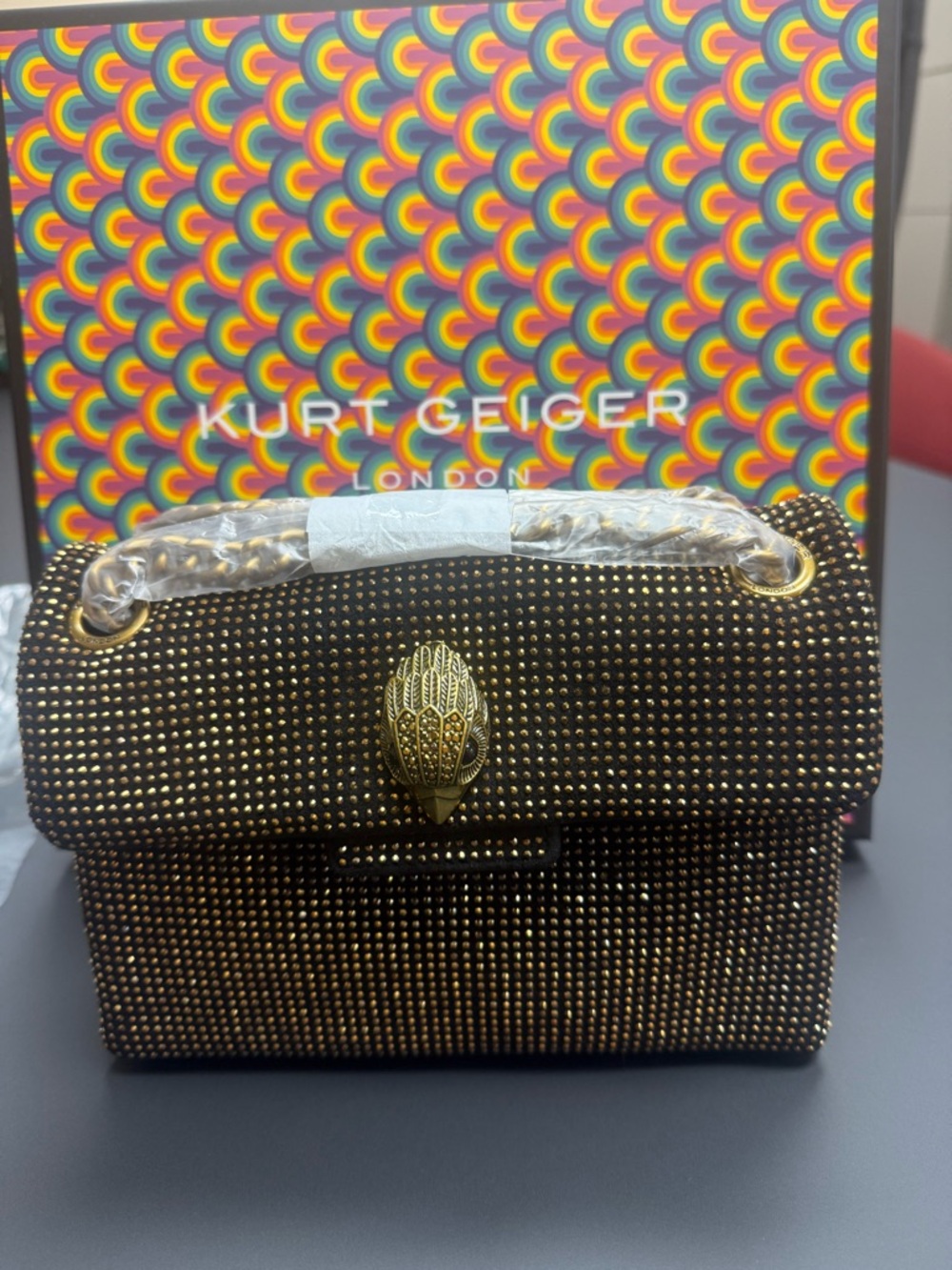 Kurt Geiger Black and Gold Studded Mini Top-Handle Bag